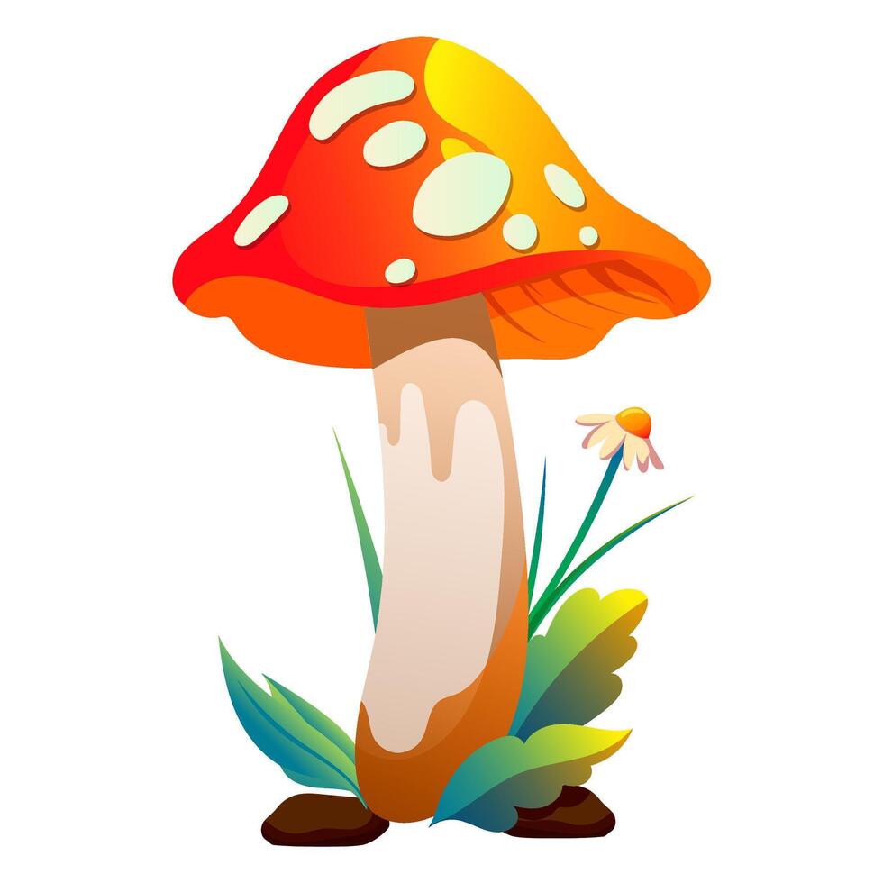 Mushroom, fly agaric in the forest. Bright illustration of a mushroom on a lawn with leaves, flowers and stones vector