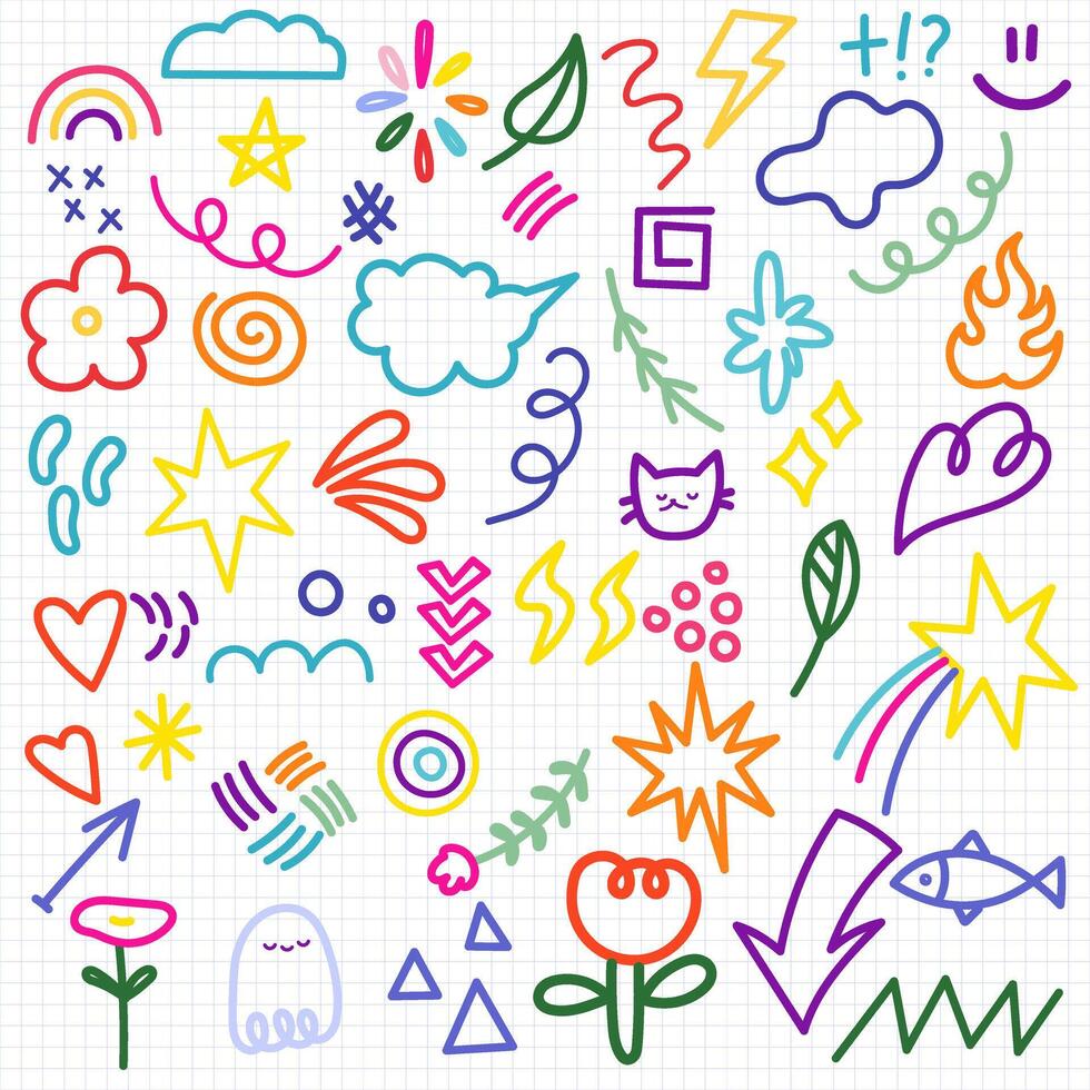Hand drawn colorful doodle art, flat icons set vector