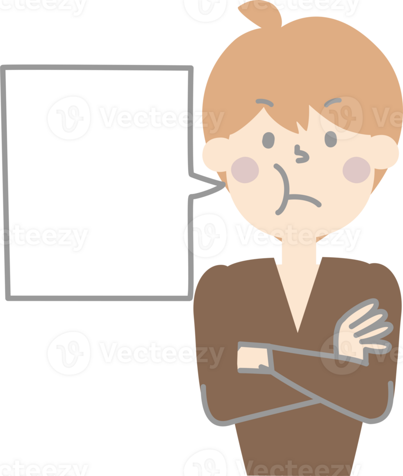 collection set of cute doodle hand draw facial expression speech bubble balloon with angry boy man character, text box think speak talk banner png