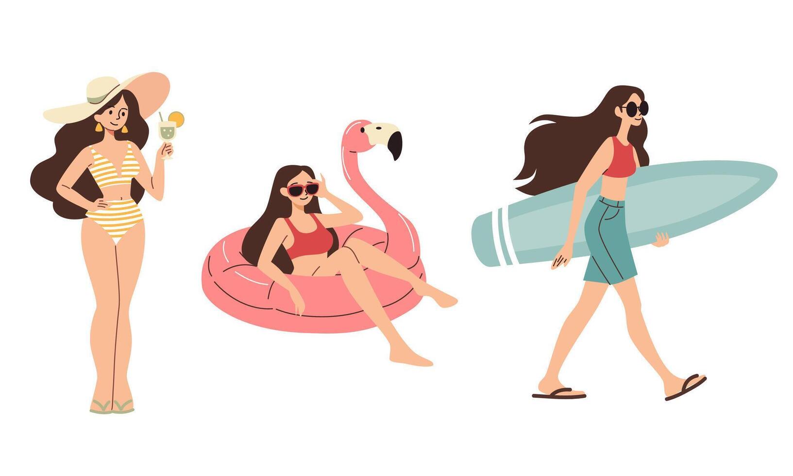 Set of flat illustrations. Cute girls in swimsuits are having a beach holiday. Flamingos swim on an inflatable ring, carry a surfboard and drink a cocktail vector