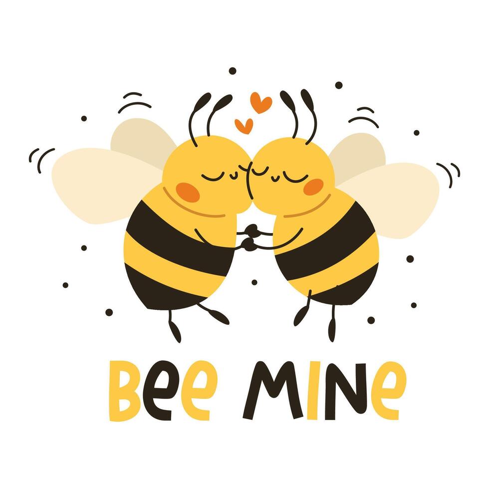 Flat illustration in children's style. Cute bees hugging each other. Hearts and inscription be mine vector