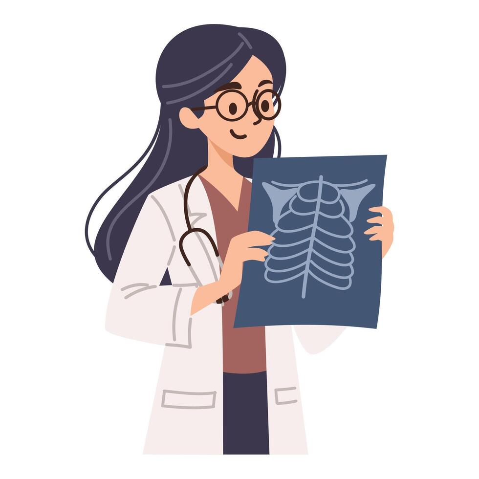 Flat illustration on white background. Cute female doctor holding X-ray image in her hands vector