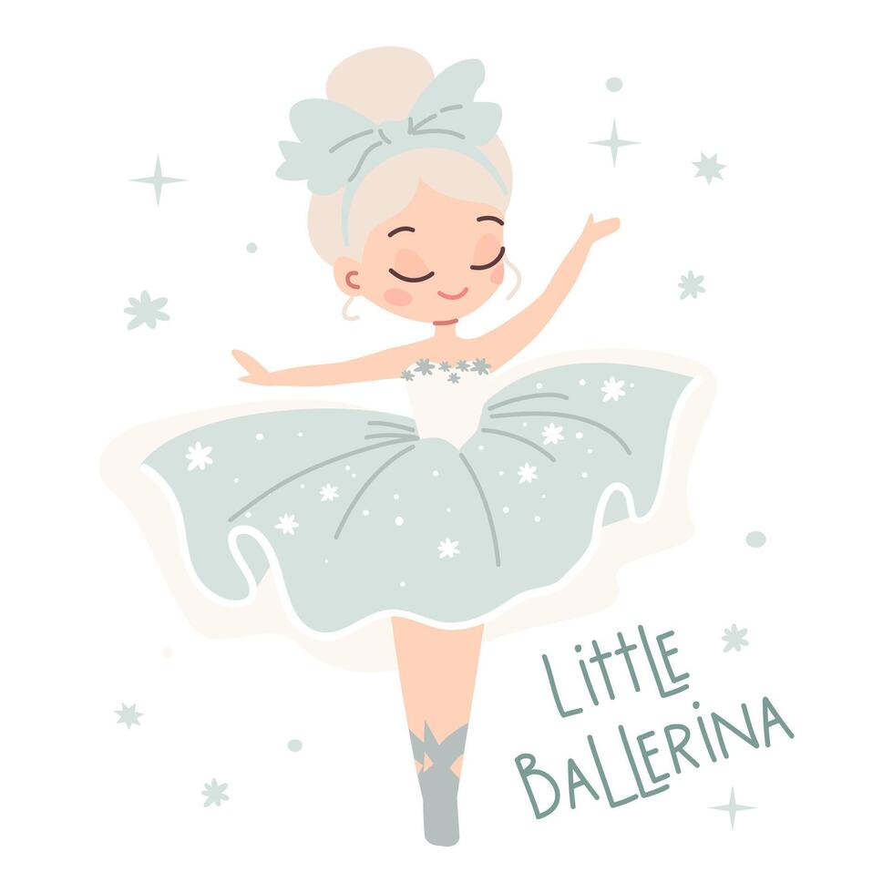 Flat illustration in children's style. Cute ballerina dancing on white background. Print to print, lettering a little ballerina vector