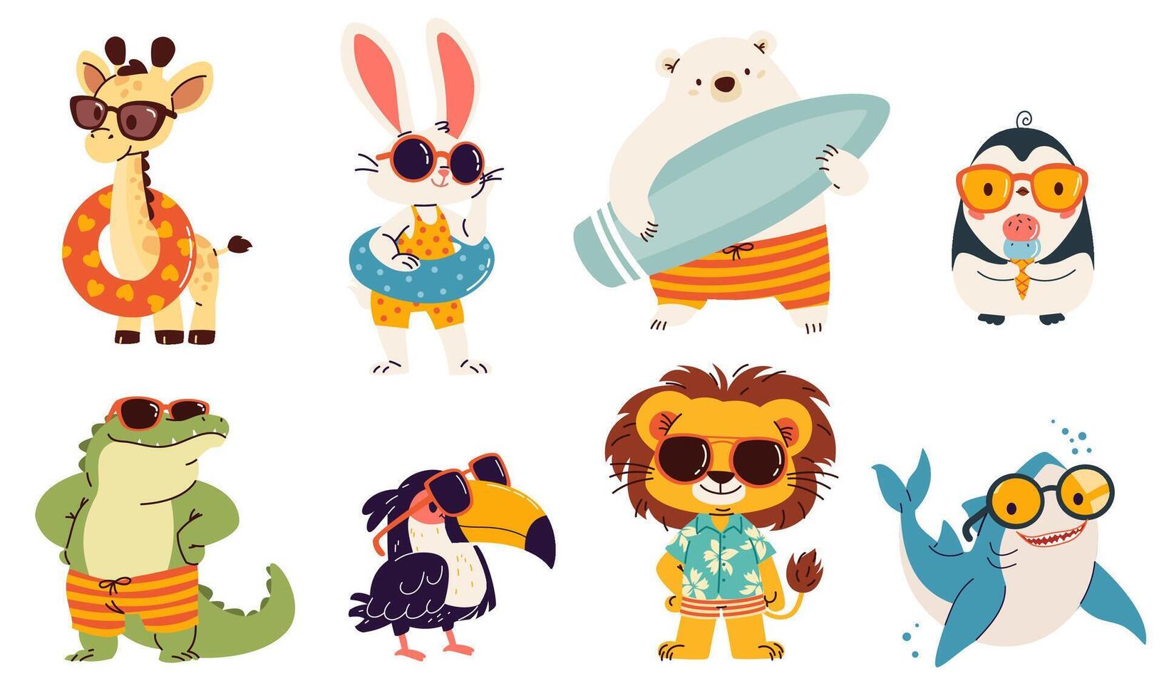 Set of illustrations in children's style on summer theme. Cute animals in sunglasses and surfboard. Lion polar bear penguin penguin shark toucan crocodile hare giraffe vector
