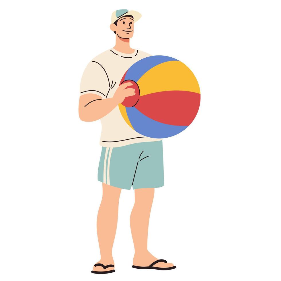 Flat illustration. A man in shorts and a cap stands and holds an inflatable beach ball vector