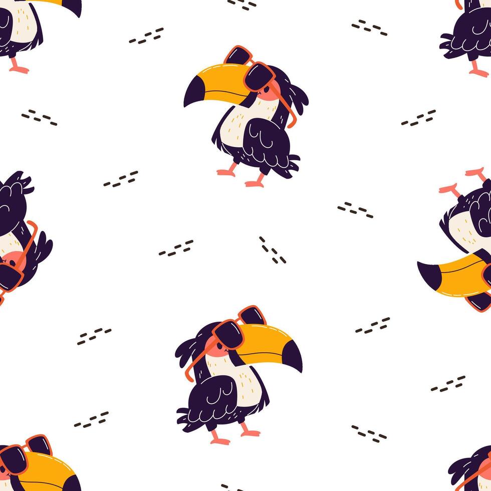 Seamless pattern in cartoon style. Cute toucan on white background with sunglasses. vector