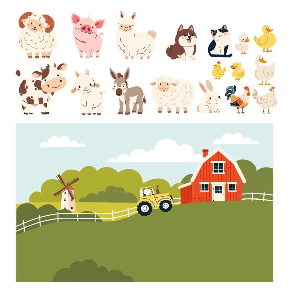 Set of flat illustration. Domestic farm animals. Cow pig lamb sheep sheep horse dog cat goose duck hen rooster goat. Farm landscape. Animals are isolated on a white background vector