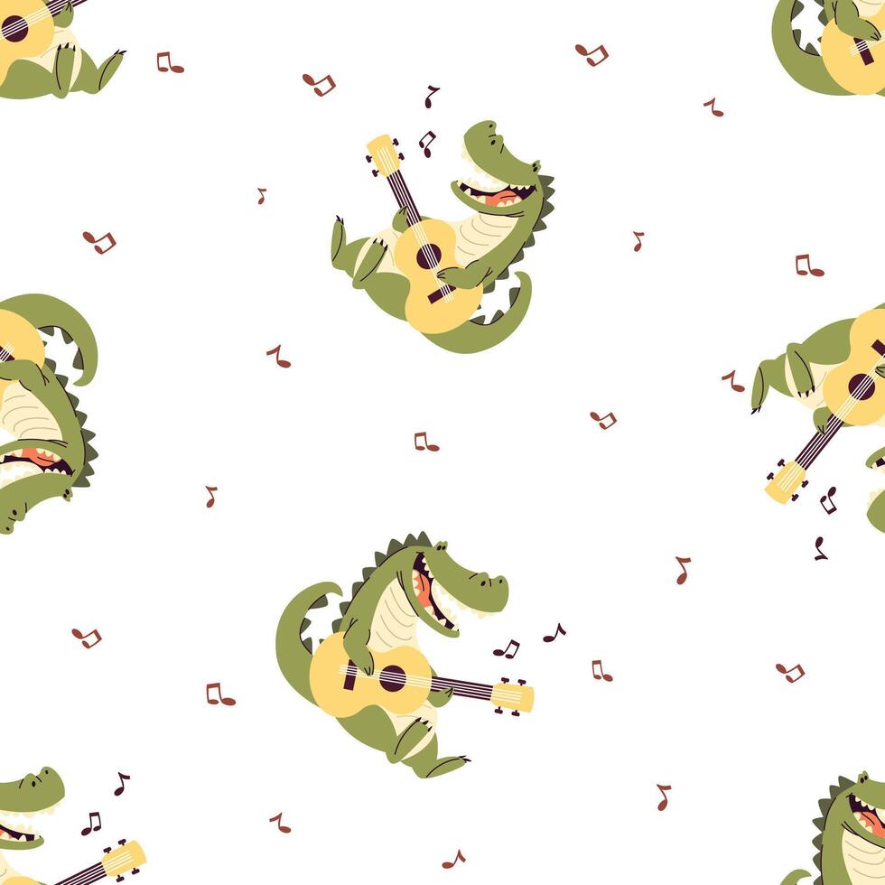 Flat illustration in children's style. Cute crocodile playing guitar. White background. Seamless pattern vector