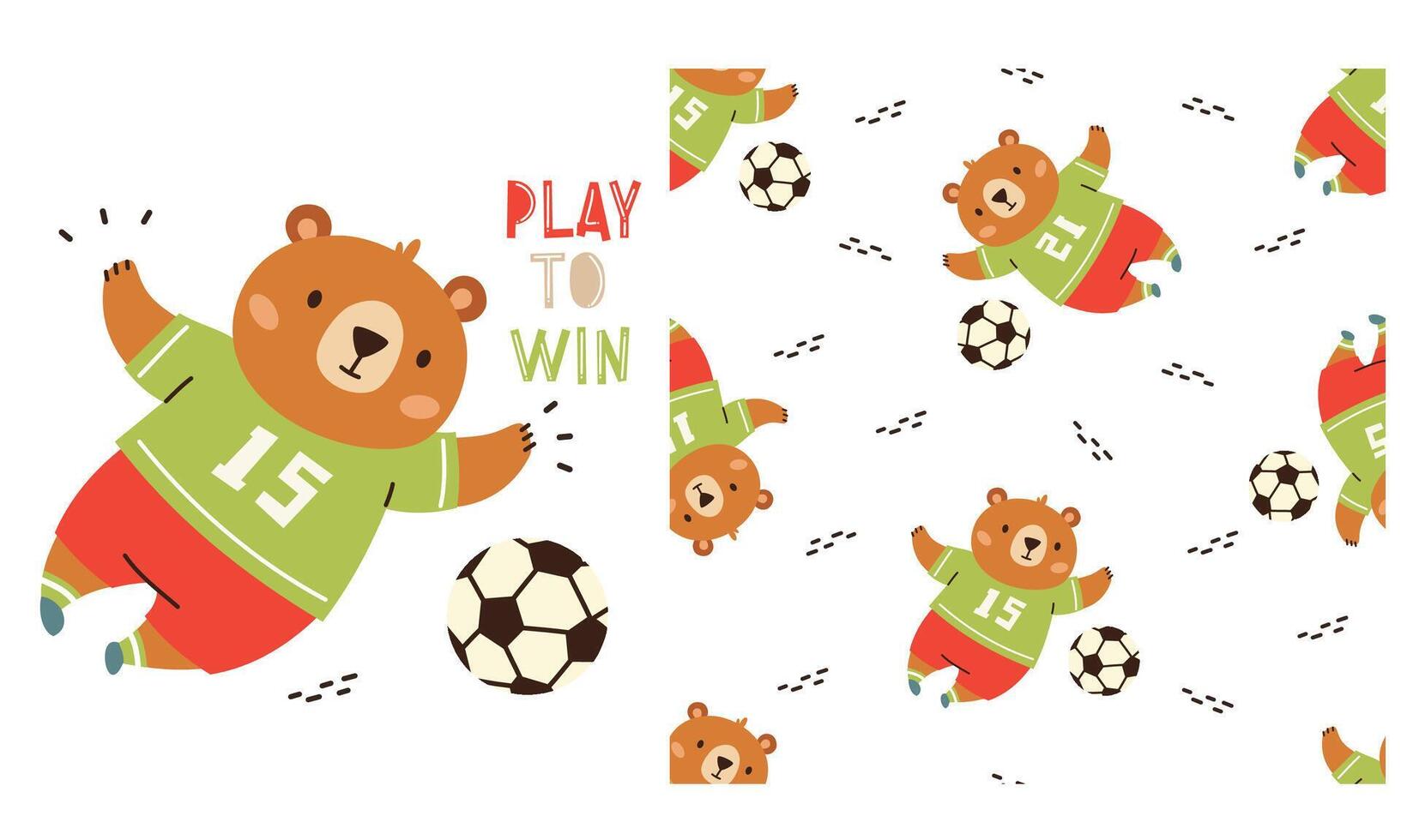 A set of prints for printing on children's products. Seamless pattern on white background on sports theme. Cute bear playing soccer. Prints in children's style vector