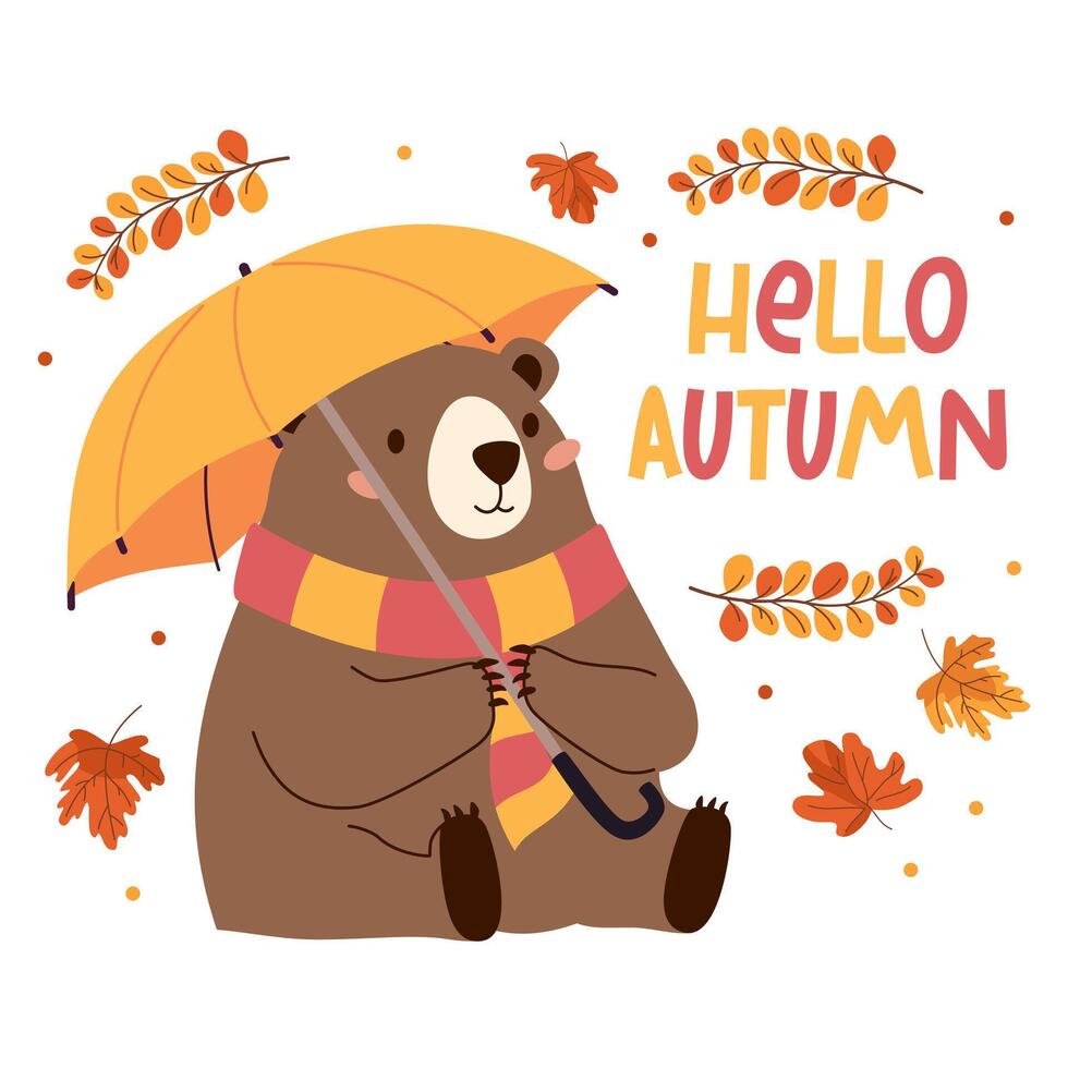 Flat illustration in children's style on white background. Cute bear in a coat standing in the rain under an umbrella. Cute fall illustration. Lettering Hello Autumn, Autumn Leave vector