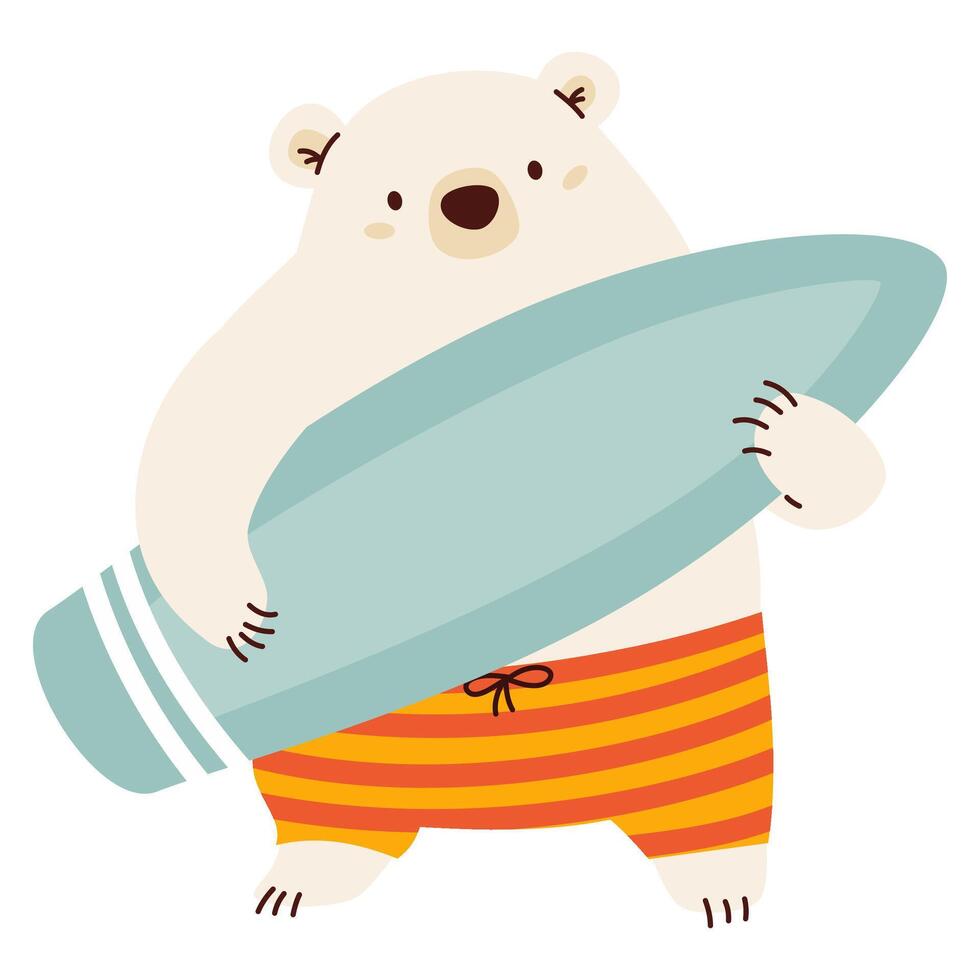 Cute polar bear holding a surfboard. Flat illustration in children's style on a summer theme vector
