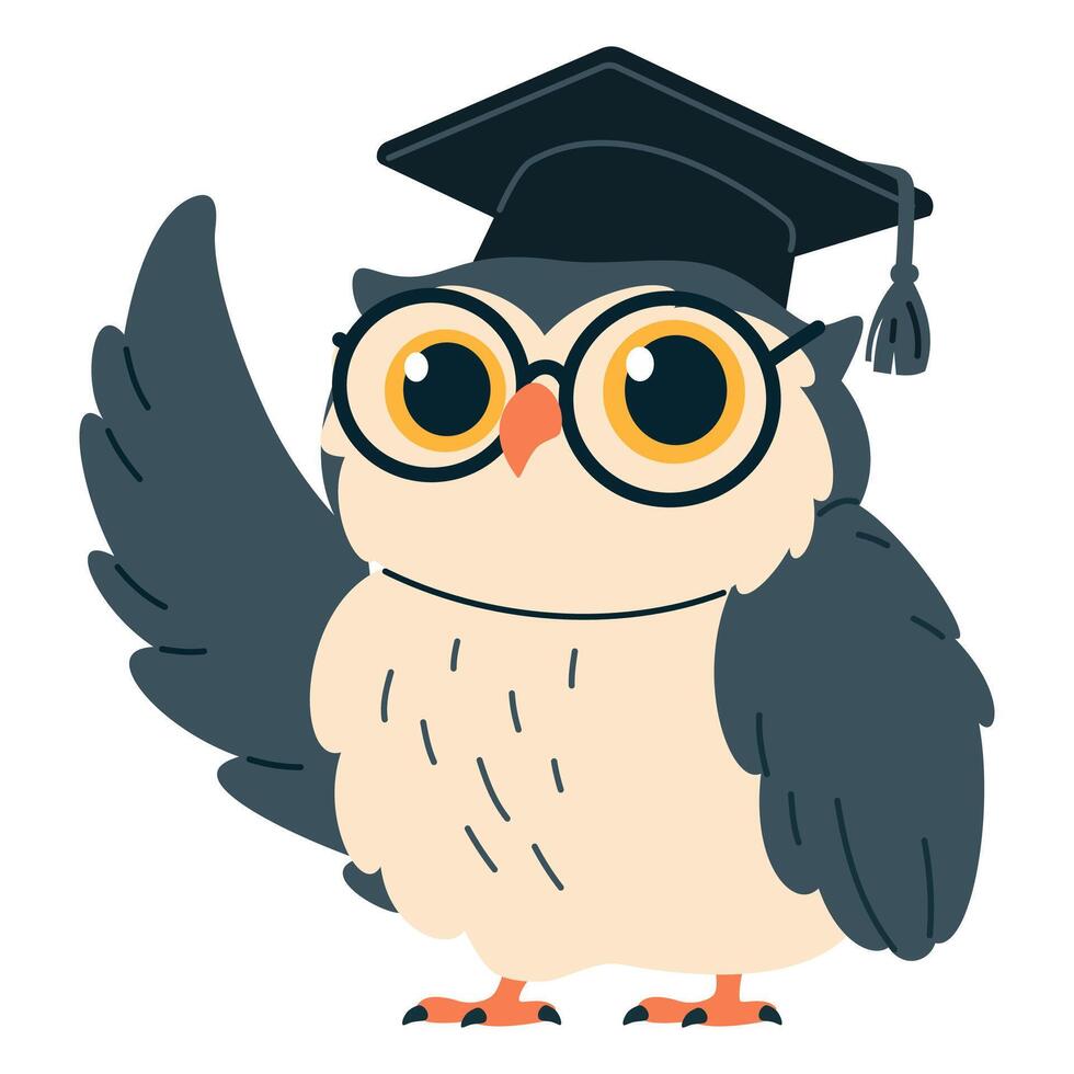 Flat illustration in children's style on the theme of learning and school. Cute owl in graduation cap points something with wing vector