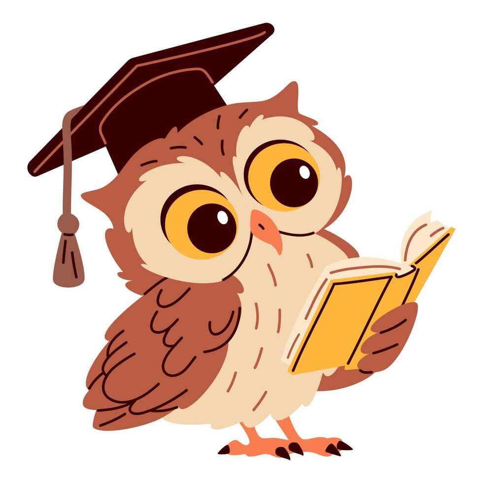 Flat illustration in children's style. Cute owl in a graduation cap reading a book vector