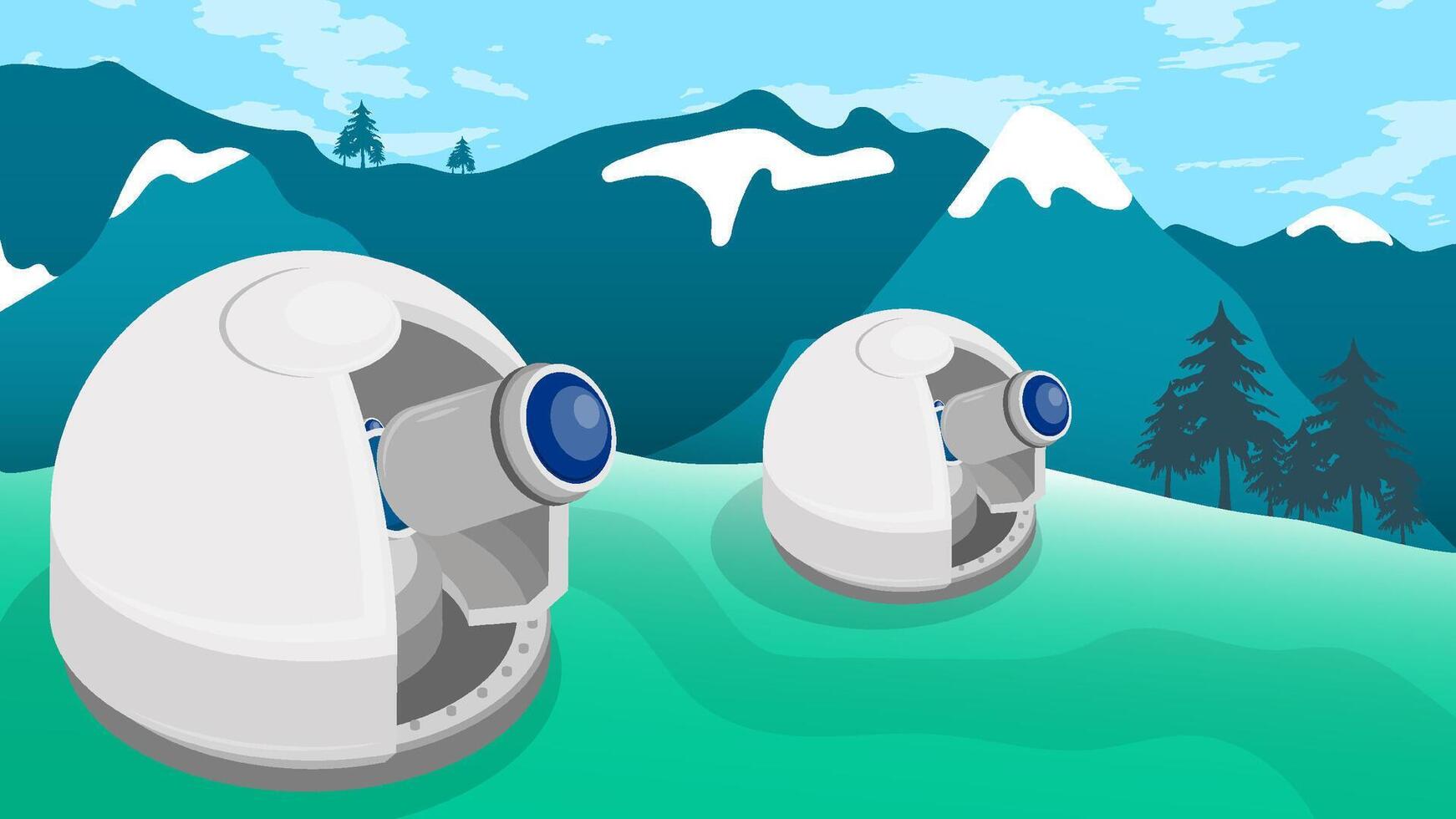 Observatory on top of mountain. Station for observing space, stars and planets of solar system. Space exploration. Illustration vector