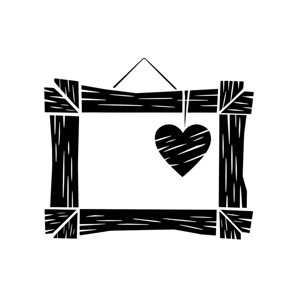 A black and white drawing of a wooden frame with a heart png