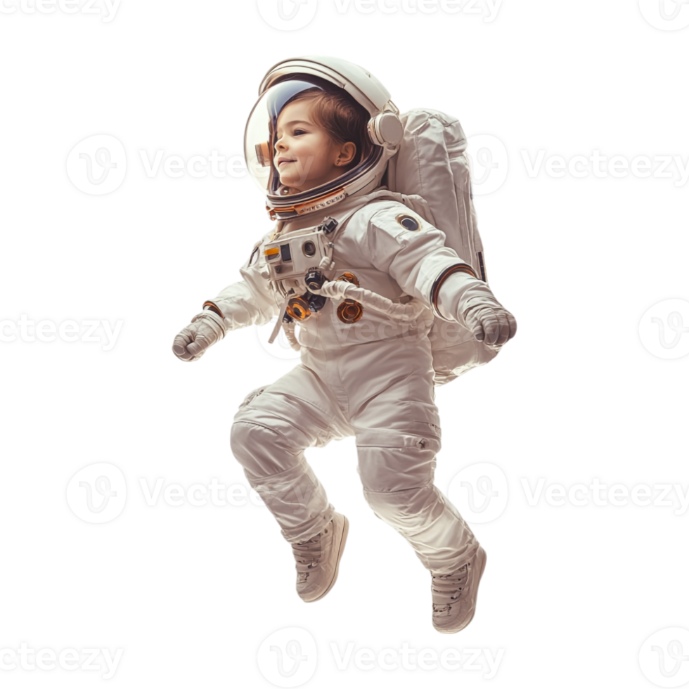 A young boy in an astronaut suit is floating in the air png