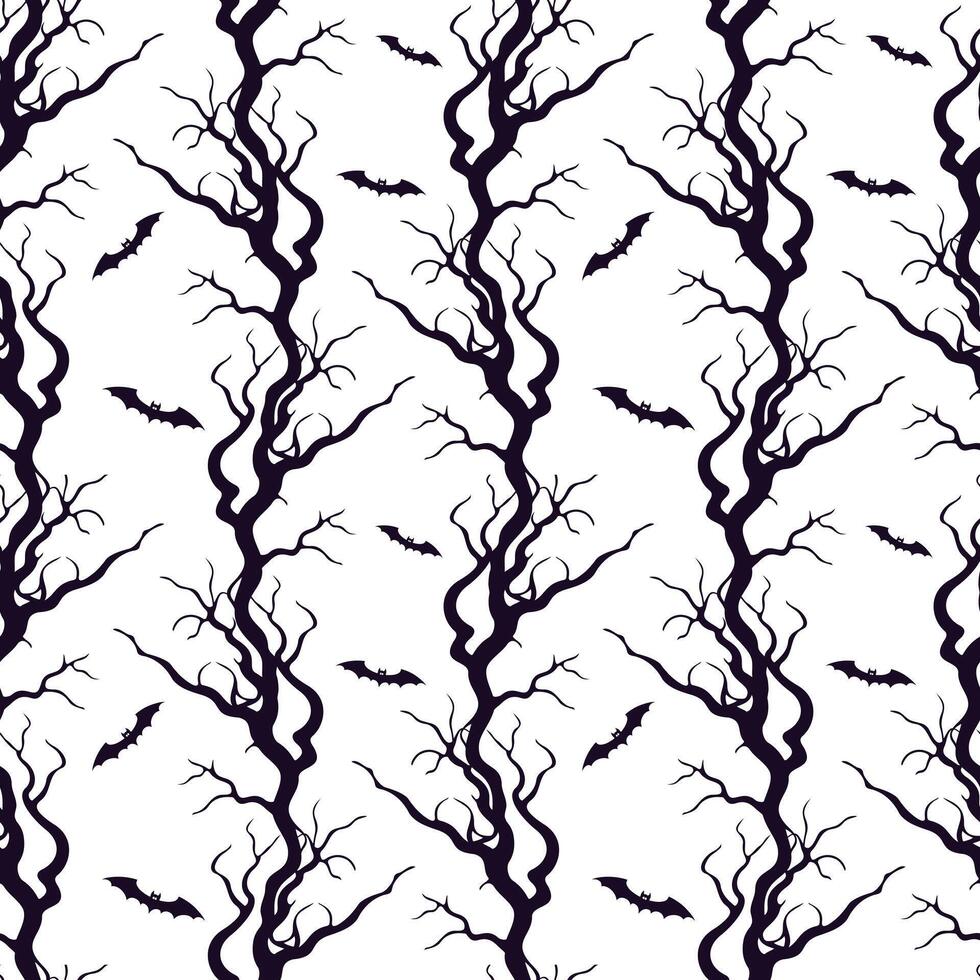 Tree branches gnarled old crooked and bats, Halloween pattern with black silhouettes on white background. vector