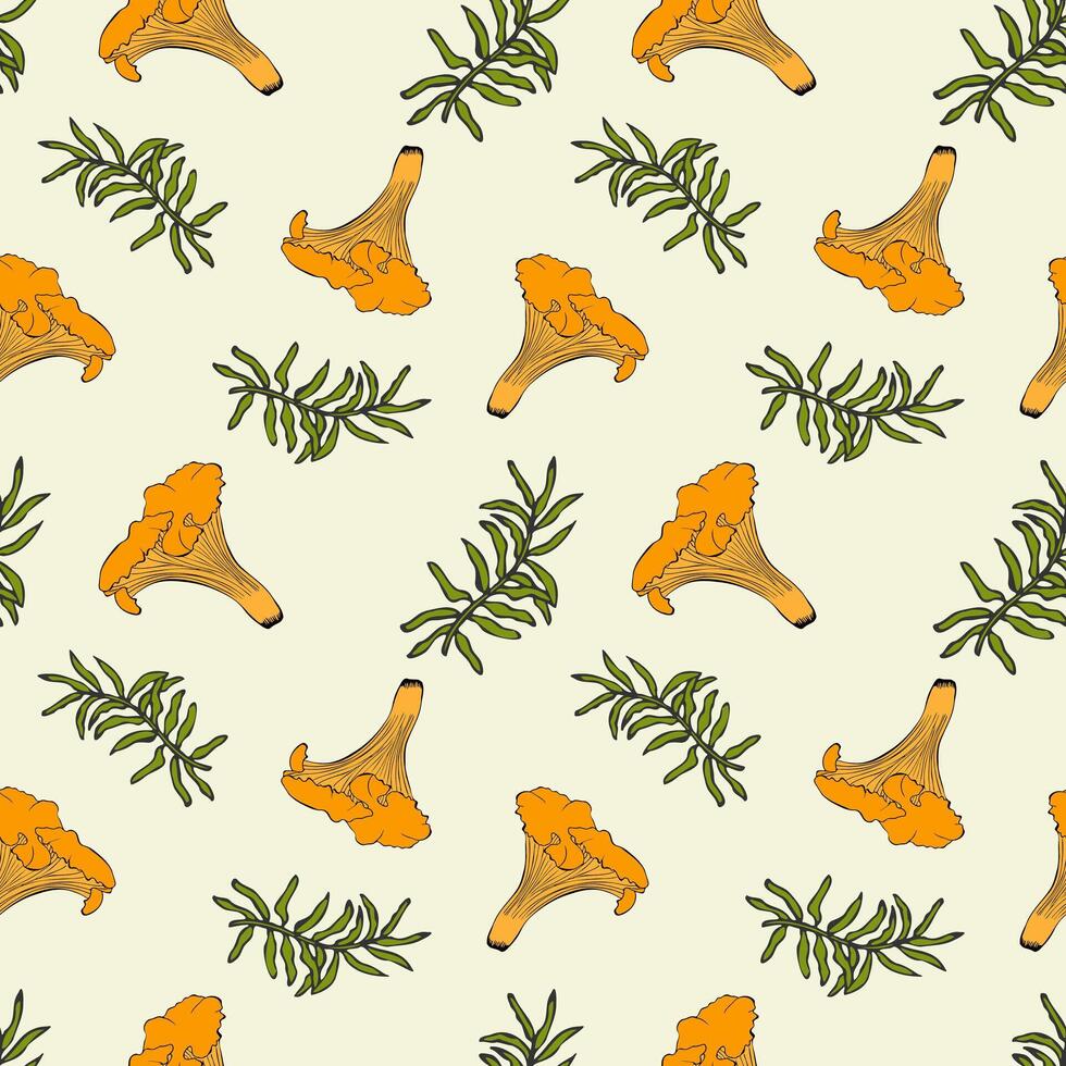 Moss and chanterelle mushrooms pattern on light green background. vector