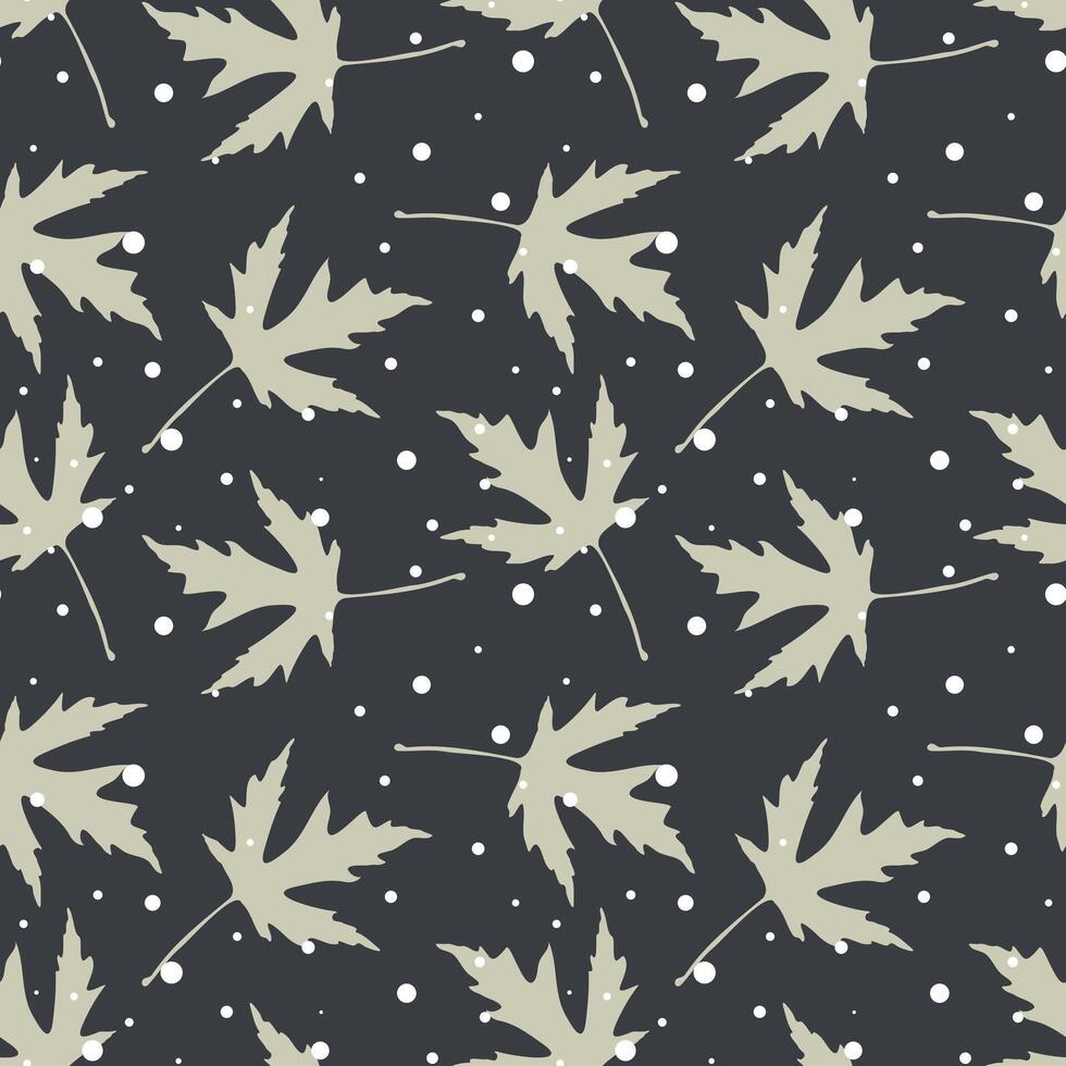 Winter pattern. Snowflakes and beige winter leaves pattern on dark gray background. Cold night sky. vector