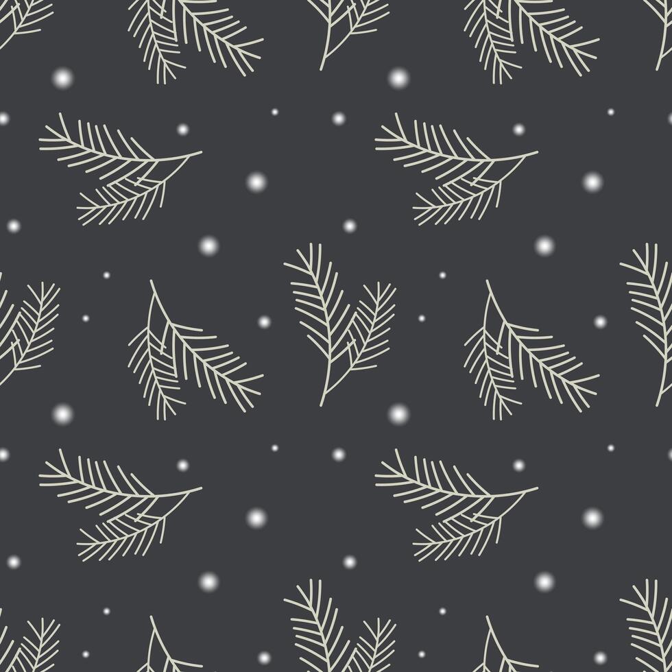 Dark pattern with pine spruce branches and snow, winter background, night snowy sky. vector