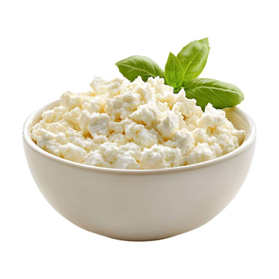 A bowl of cottage cheese with a leaf on top png