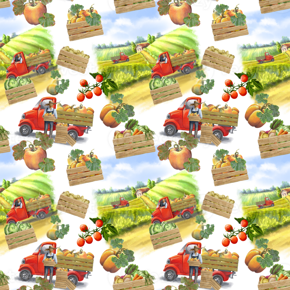 Seamless pattern with farmer's landscape for wrapping farmers production png