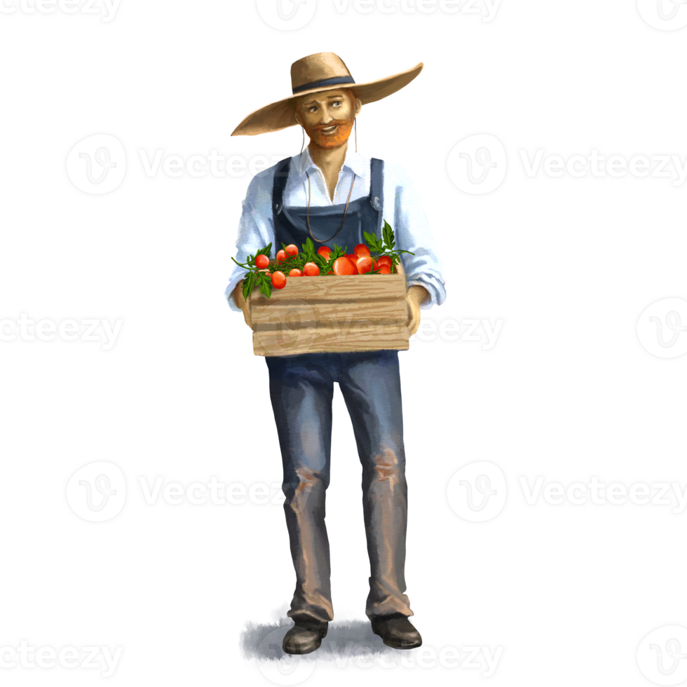 Farmer standing with Crate of tomatoes png