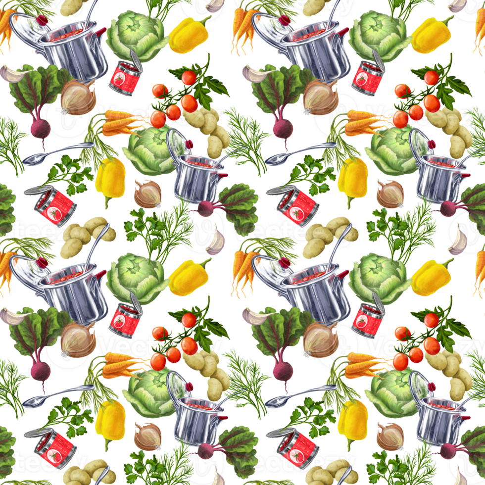 pattern for textile with soup ingredients and skillet with Borsch png