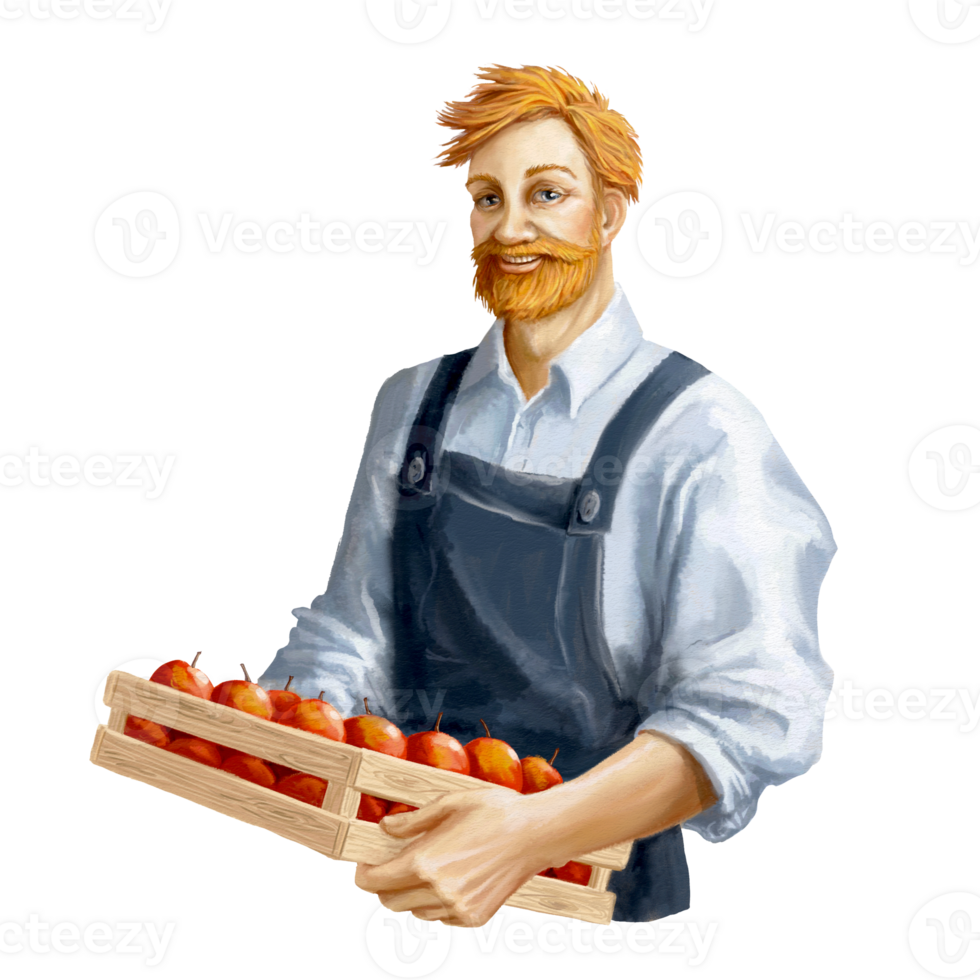 A smiling farm worker with a box of apples png