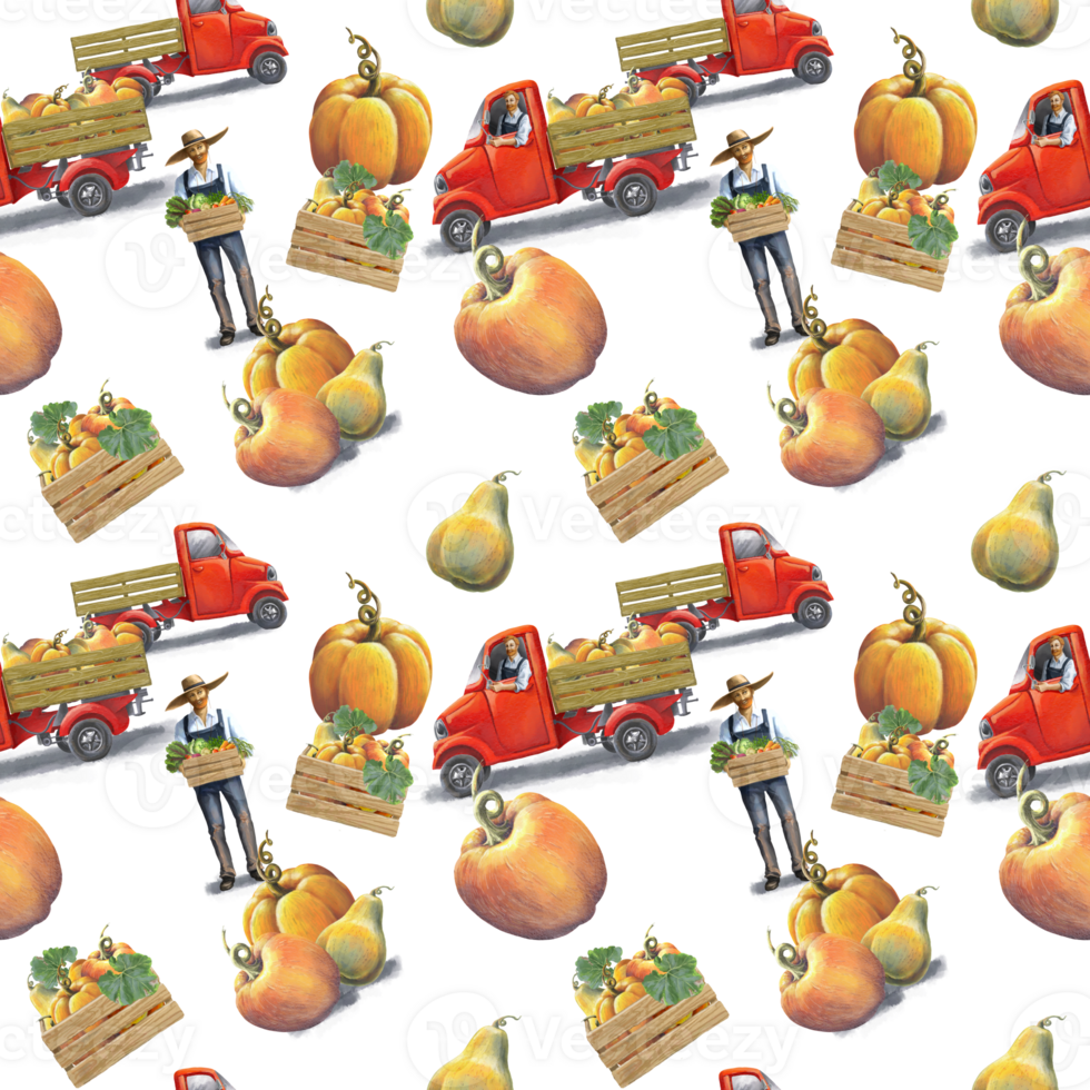 seamless pattern with red trucks, farmers and Harvest of pumpkins for Thanksgiving png