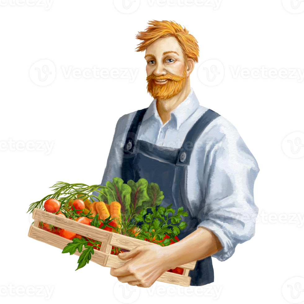 a red-bearded man with a farmer's box of vegetables png