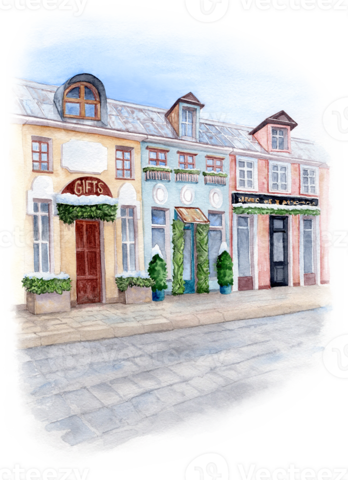 Watercolor hand drawn Town street with colorful Houses png