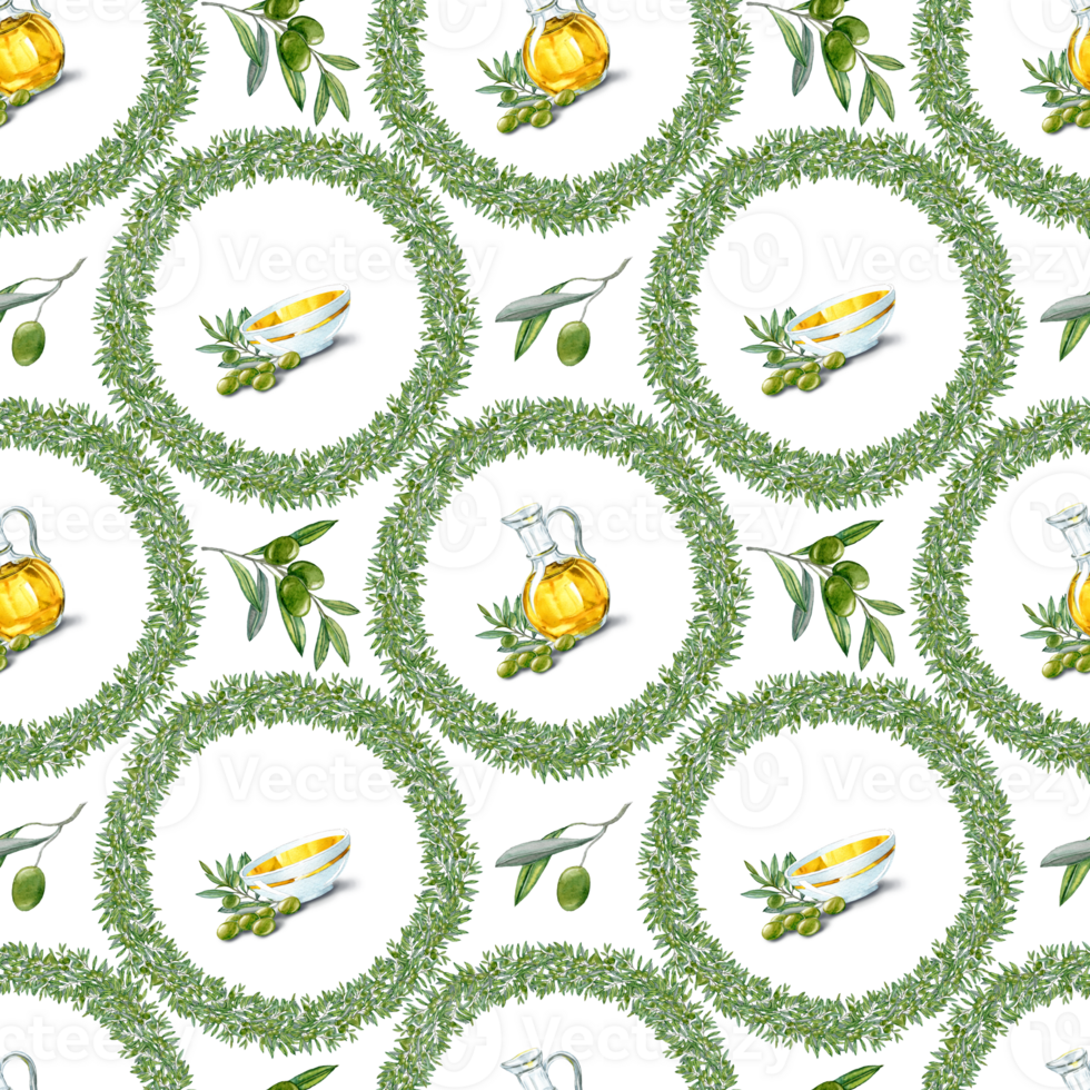 Hand drawn Jointless Tiles with olives, vignettes and olive oil Jug and Mug. Design for Wrapping paper or Textile png