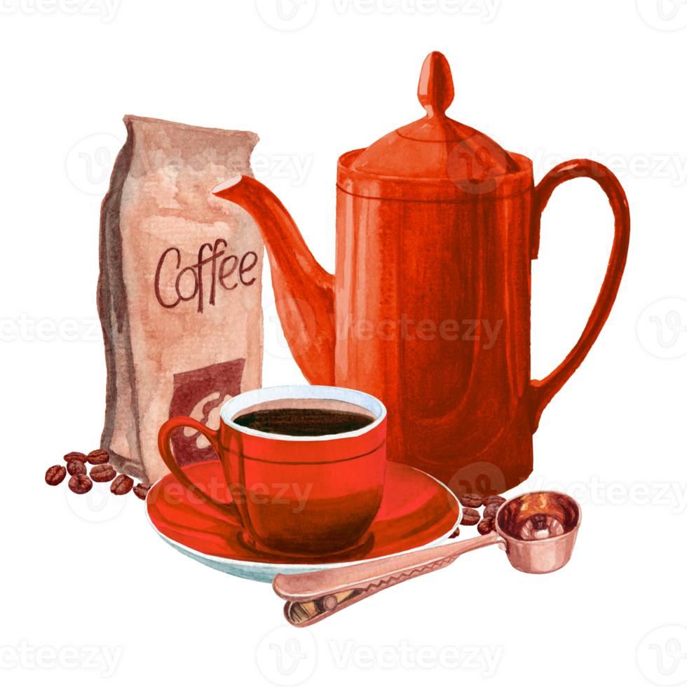 Watercolor bright set whith Cup of coffee, coffee pot, spoon and package of cofee beans png