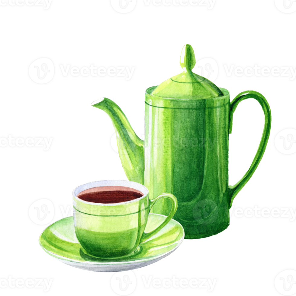 Hand drawn illustration of a coffee cup on saucer and a high pot png