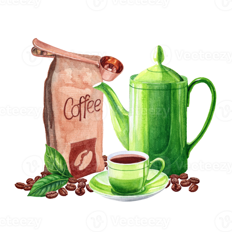 Hand drawn illustration of a coffee cup. roasted cofee package and red coffee beans whith leaves png