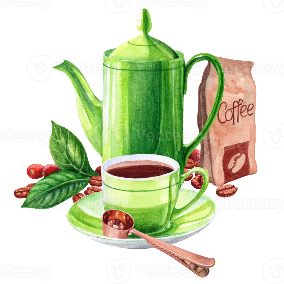 Aquarelle illustration of a coffee cup. roasted cofee package and red coffee beans whith leaves png