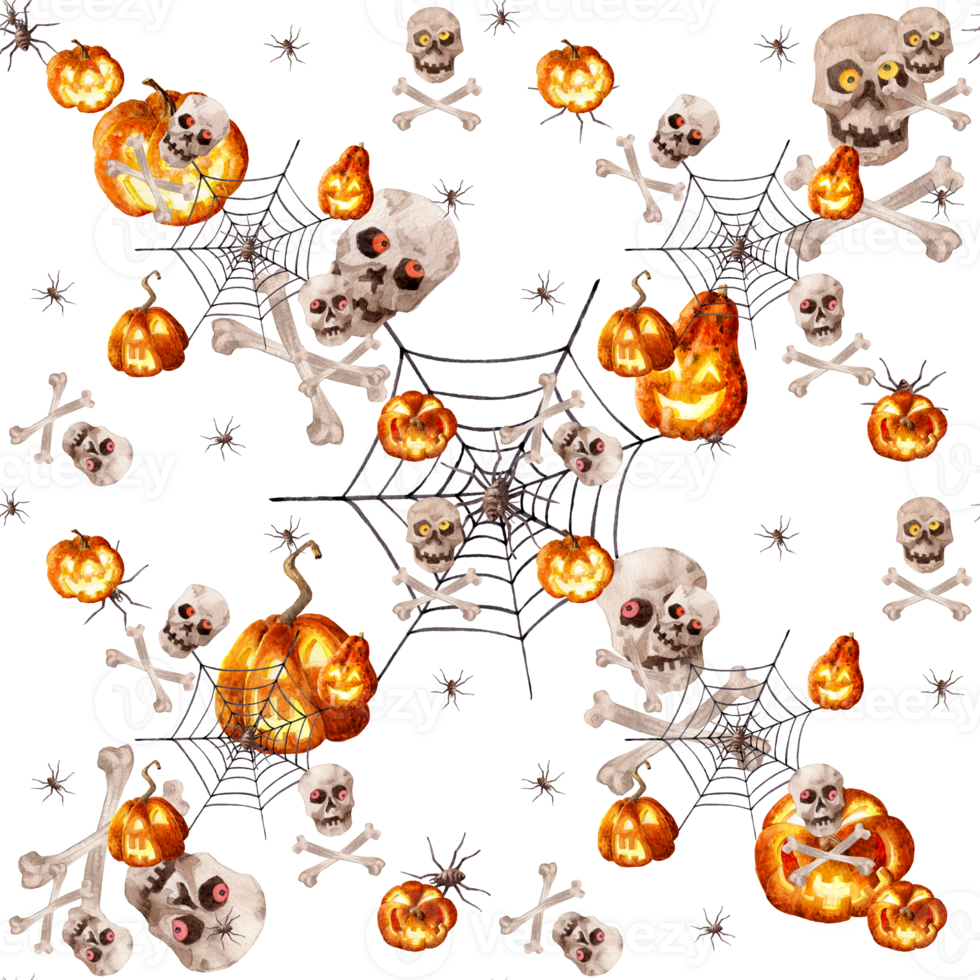 Watercolor seamless background with crossbones, glowing pumpkins on the black background png