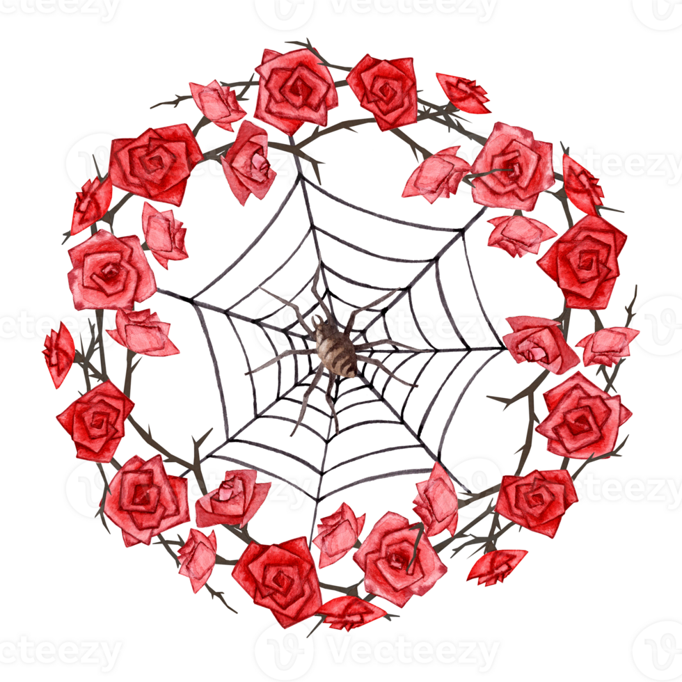 watercolor halloween picture of isolated vignette of roses with branches and spider in the web on the white background png