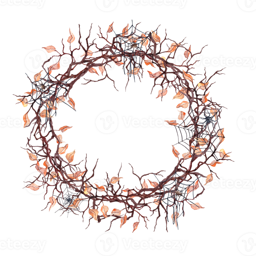 Hand drawn Helloween Vignette made by Autumn branches, webs with spiders for occasion design png
