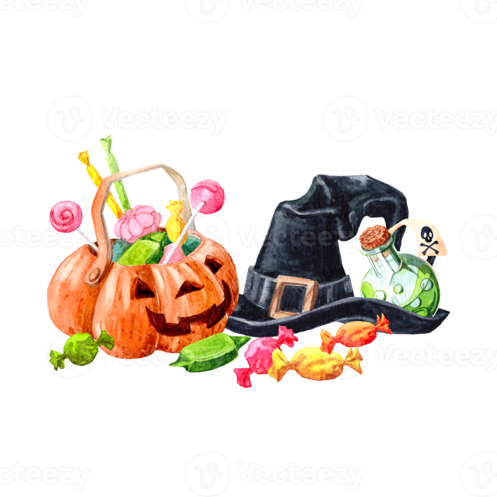 Illustration on the theme of Halloween Watercolour with Helloween' atributes png