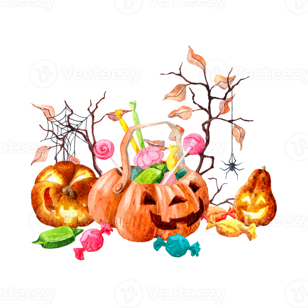 Illustration on the theme of Halloween Watercolour with Helloween' atributes png