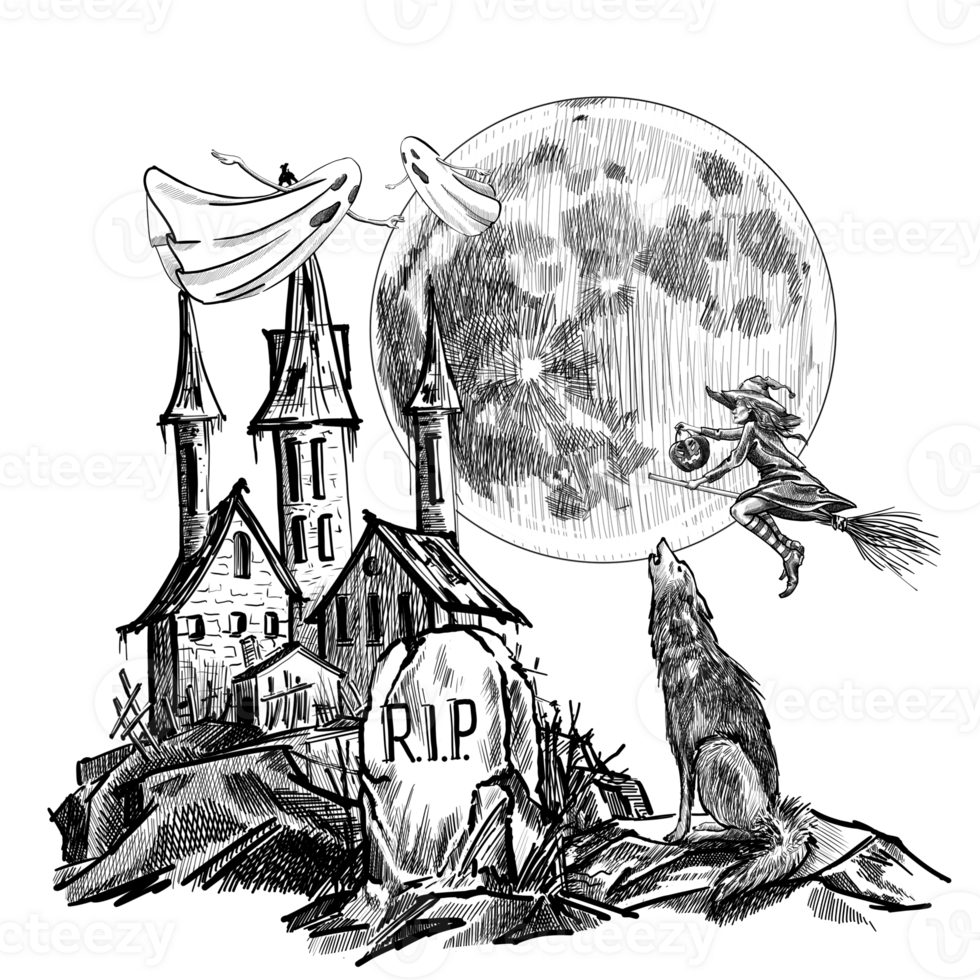 hand-drawn Halloween scene in black and white graphics png
