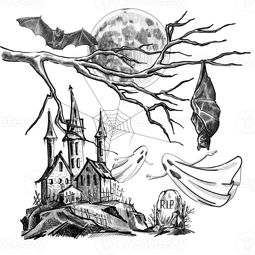 hand-drawn Halloween illustration in black and white graphics png