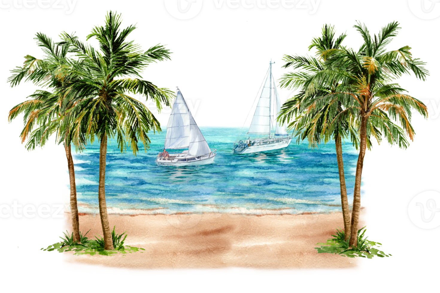 Hand paintes tropical landscape with sailboats and palm trees png