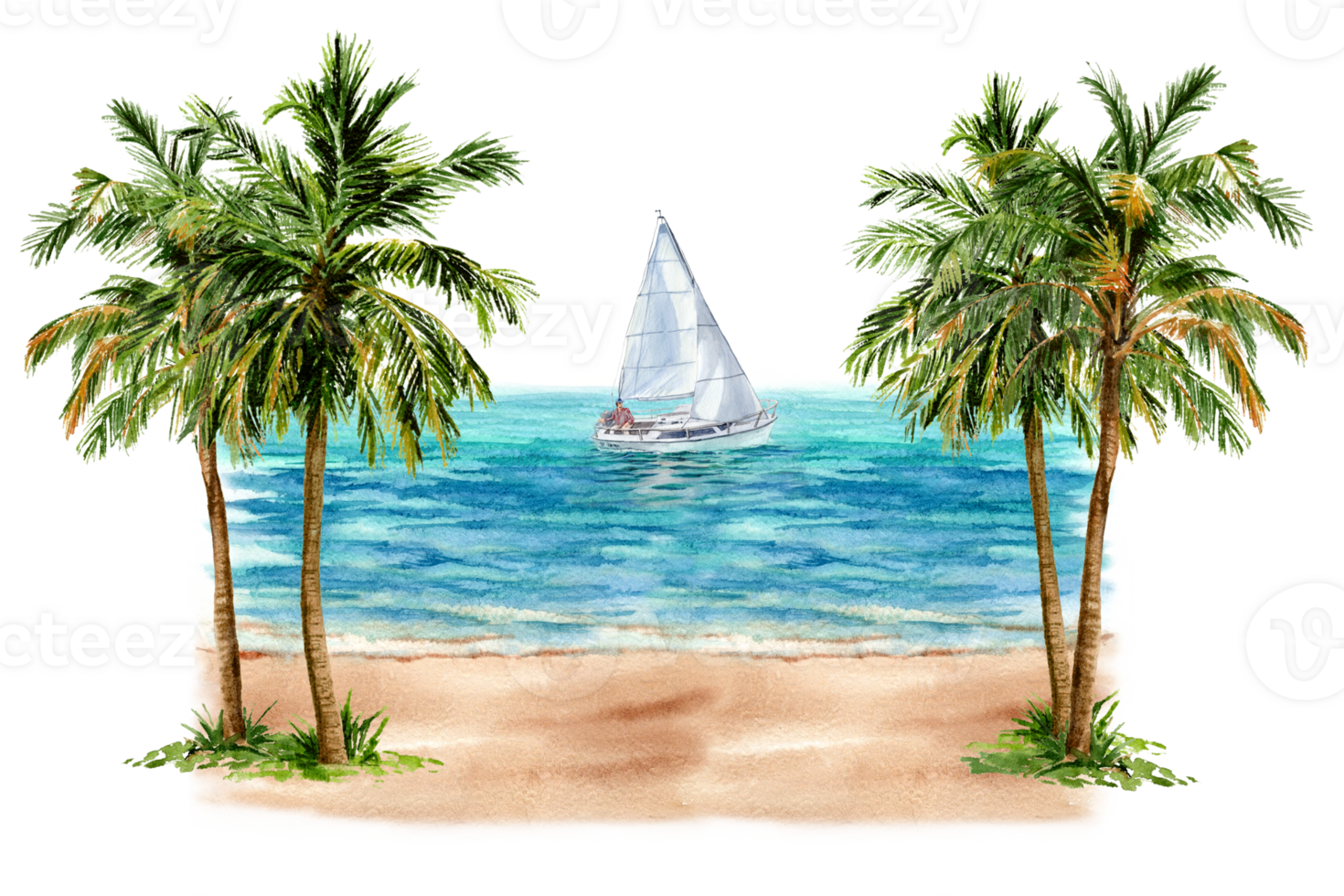 Hand painted tropical sketch with sailboat png