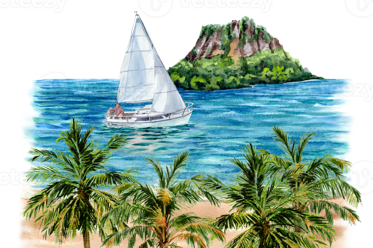 Hand painted tropical sketch with sailor in the sea, going to the island png