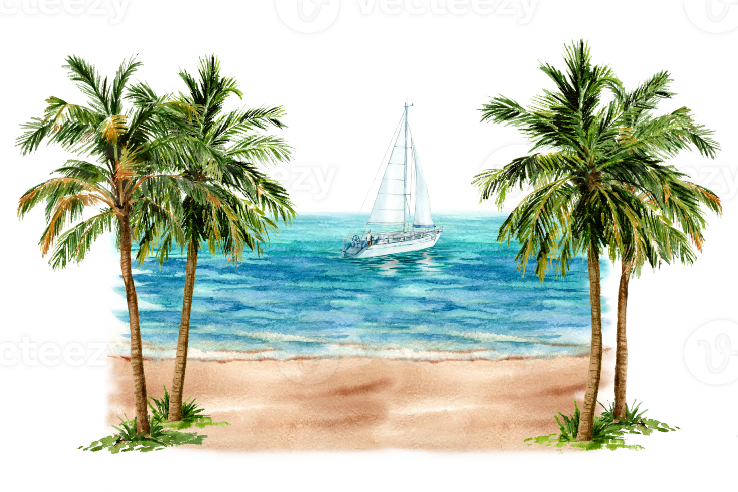 Hand drawn tropical landscape with sailor in the sailboat png
