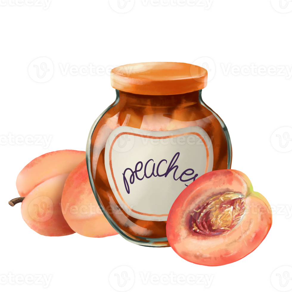 Jar with Peach Jam and Peaches all around it. Isolated png