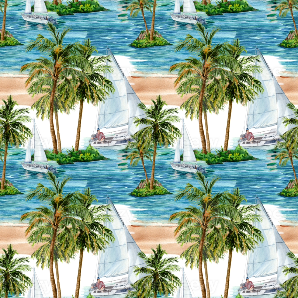 em loop fundo para têxtil com tropical ilha com Palma árvores e barco a vela png